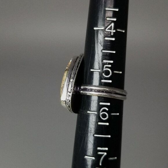 Vintage Marbled Stone Ring, Brown and White Triangle, Bezel Set Silver Tone Band - Picture 5 of 9